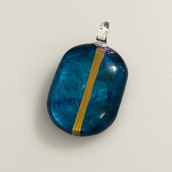 Handblown Artisan Oval Blue Gold Black Art Lampwork Glass Pendant - Picture 2 of 8